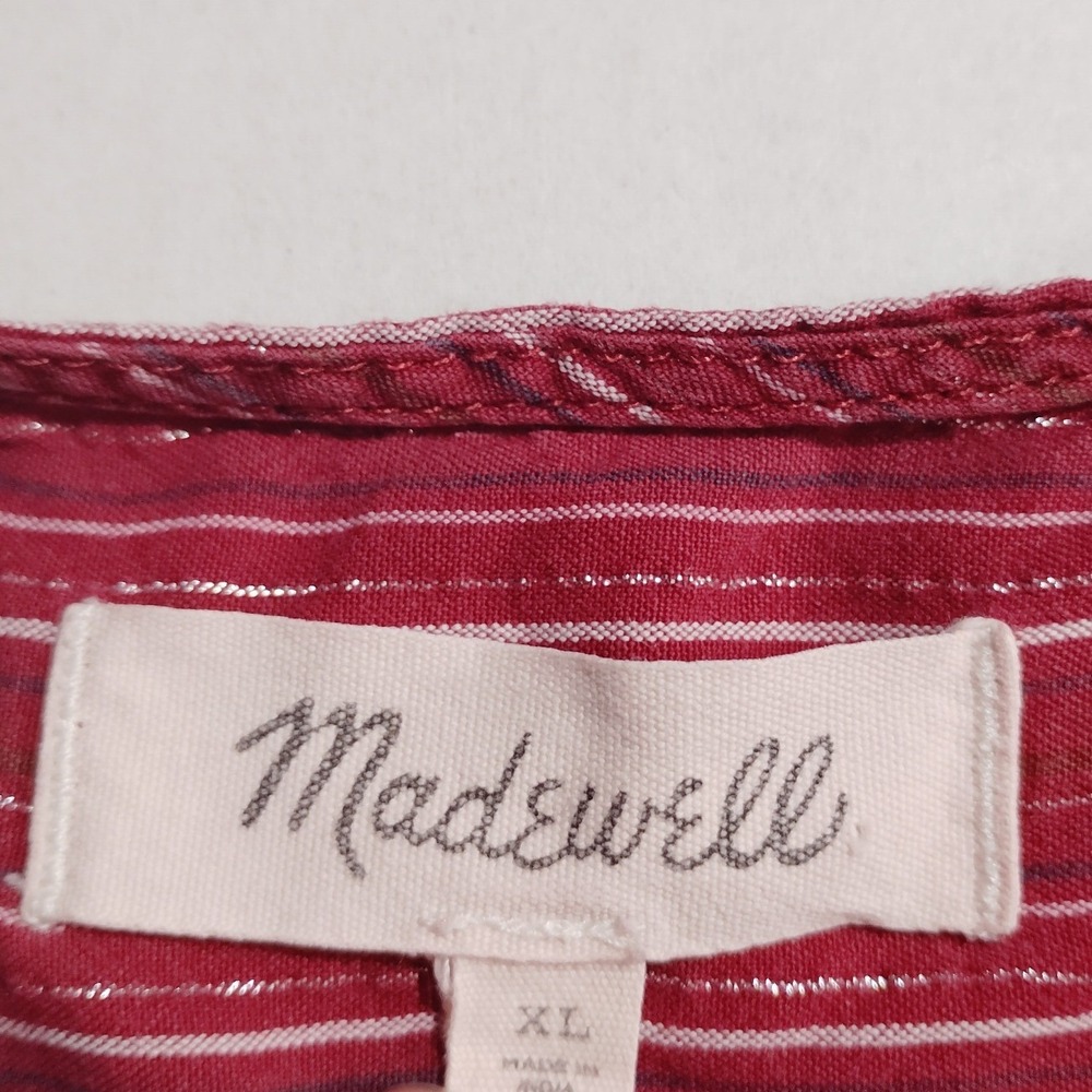 Madewell Maroon Metallic Striped V-Neck Balloon Sleeve Blouse Top XL Cotton - Picture 7 of 9